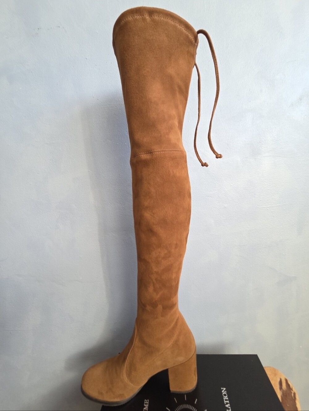 STUART WEITZMAN TIELAND CINNAMON OTK STRETCH SUEDE BLOCK HEEL BOOTS, US 6.5 M